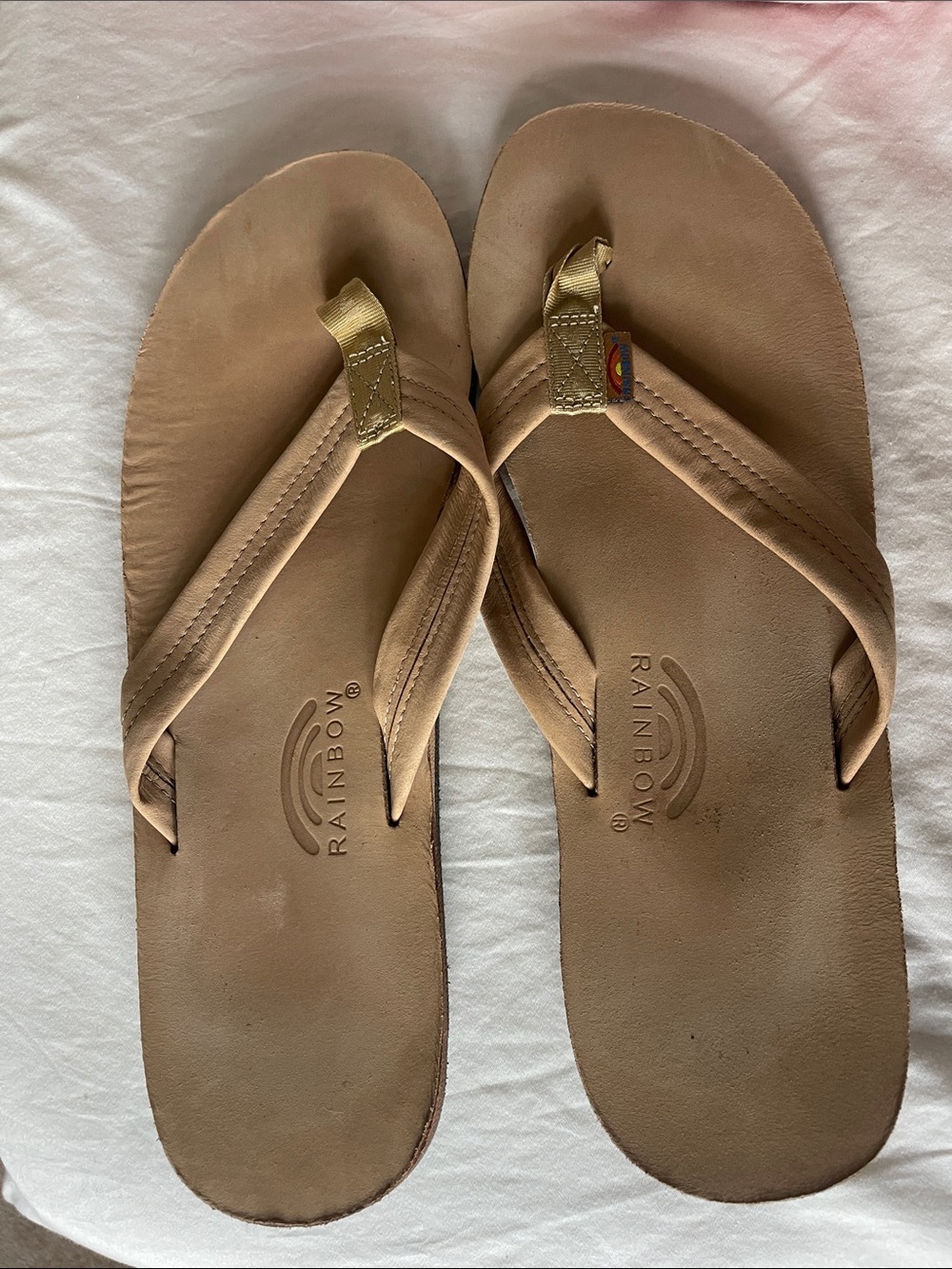 Rainbow Men's Tan Leather Flip Flops with Gold Accent